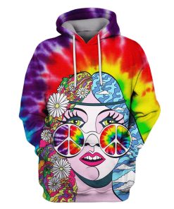 Hippie Beautiful Woman with colored glasses Custom T-shirt - Hoodies Apparel HP110149 3D Custom Fleece Hoodies Hoodie S 